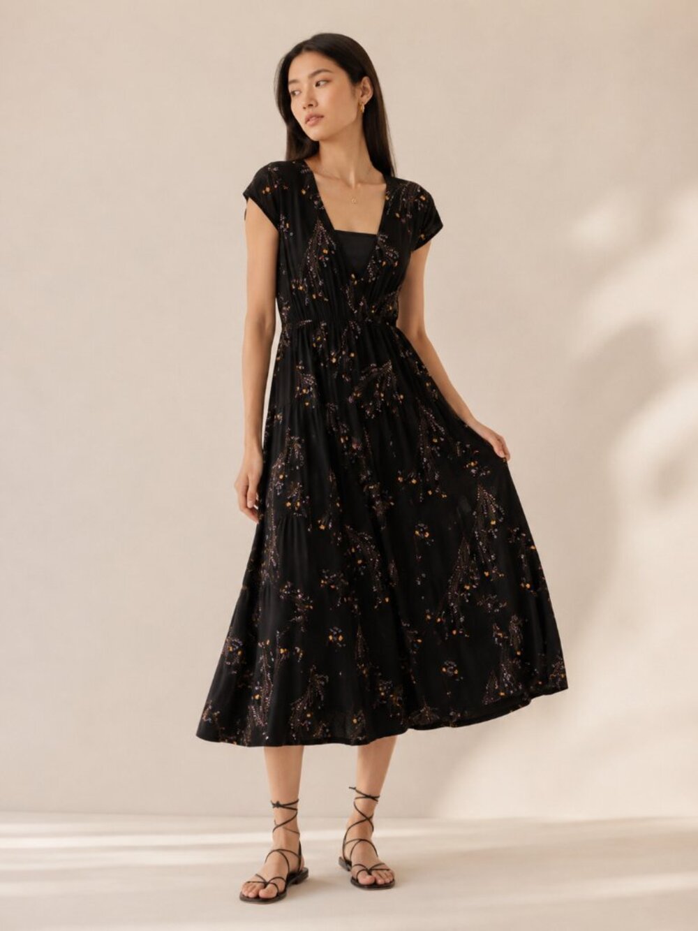 Free People Black Floral Cap Sleeve Midi Dress Sz 8